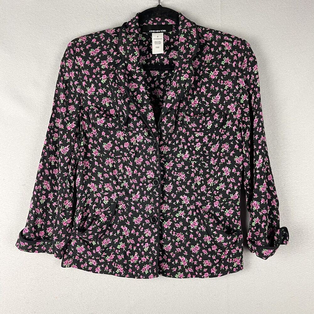 Vintage Jones New York Silk Top Womens 8 Blouse Collared Floral 3/4 Sleeve Ditsy